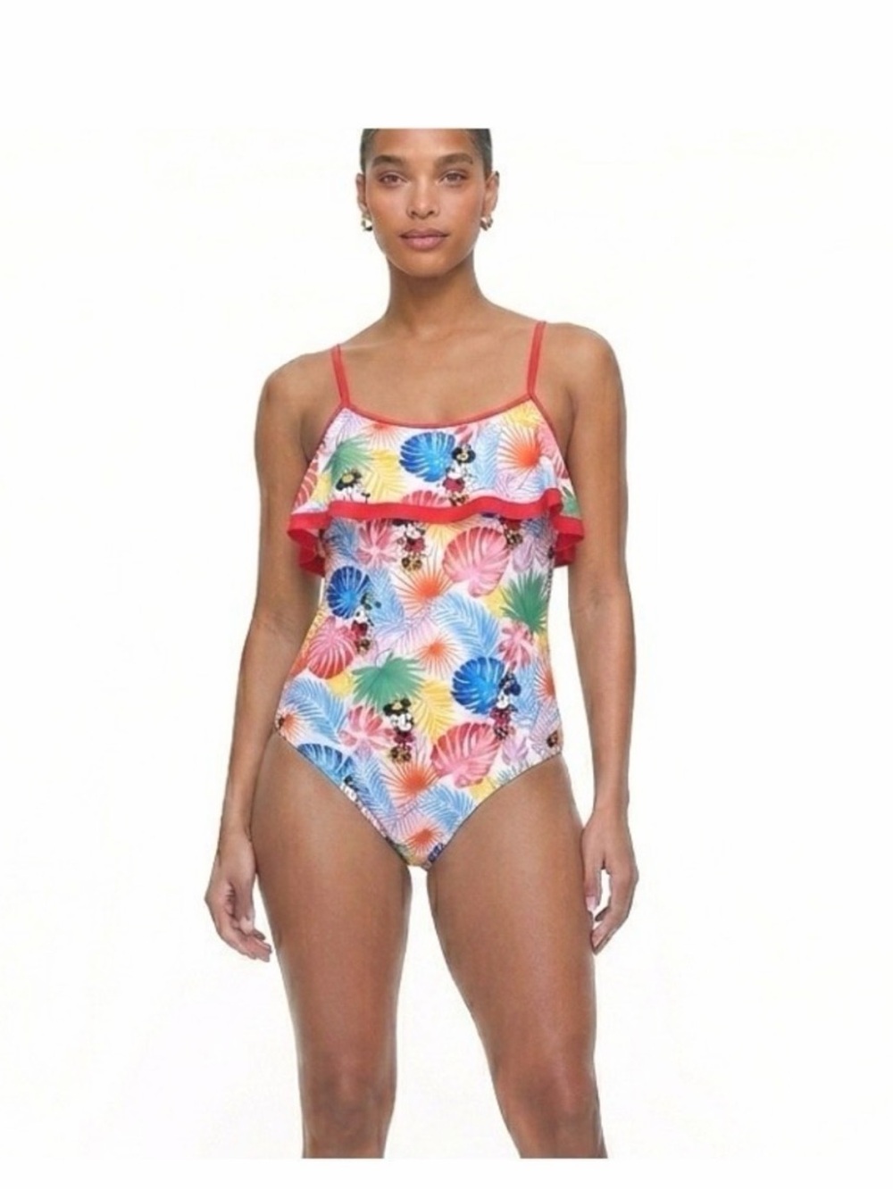 Disney One-Piece Swimsuit with Red Ruffle & Tropical Multicolor Print